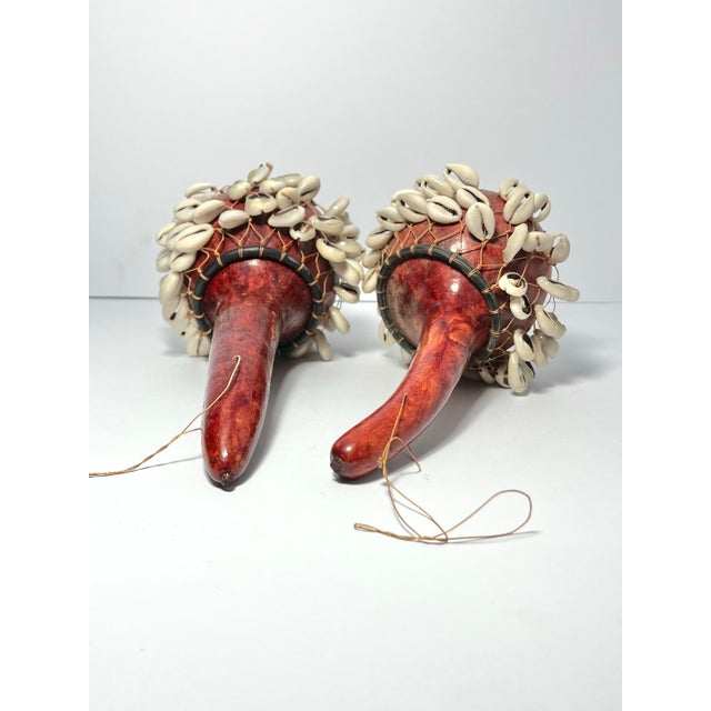 Wood Pair of Dried Maasai Gourd Cowrie Shell Musical Shaker Percussion Instrument African Decor For Sale - Image 7 of 8