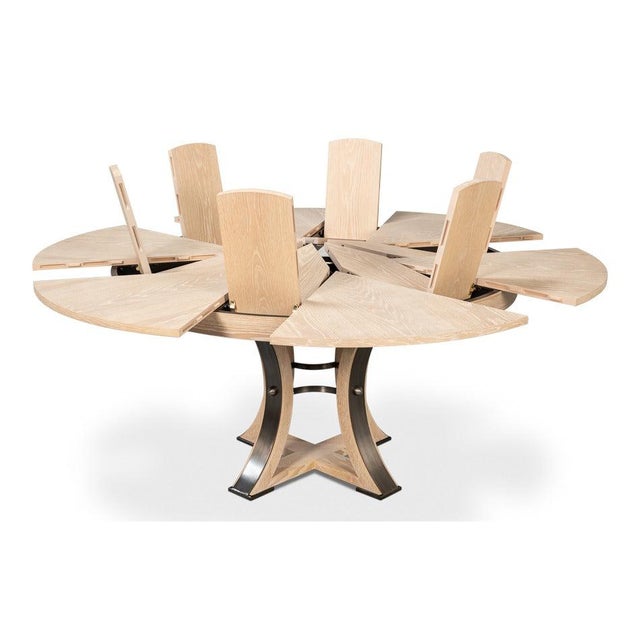 Transitional Round Dining Table, Medium – Bleached Oak With Hammered Iron Accents For Sale In Raleigh - Image 6 of 11