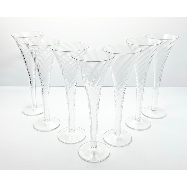 Contemporary Vintage Optic Swirl Hollow Fluted Champagne Glasses - Set of 7 For Sale - Image 3 of 5