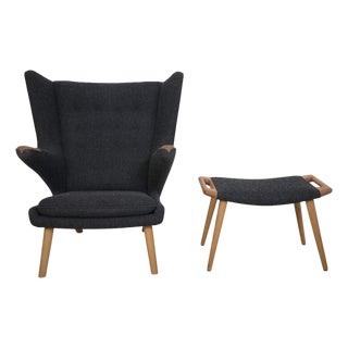 Set of Papa Bear Chair and Ottoman in Grey Hallingdal Fabric by Hans J. Wegner, 2025 For Sale