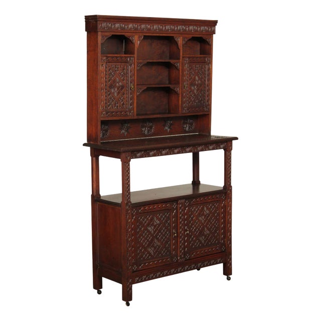 Vintage Moroccan Carved Hard Wood Two-Piece Server Cabinet For Sale