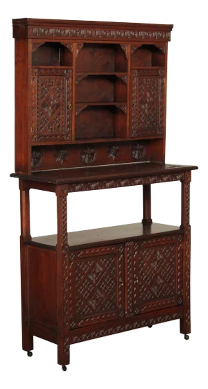 Vintage Moroccan Carved Hard Wood Two-Piece Server Cabinet