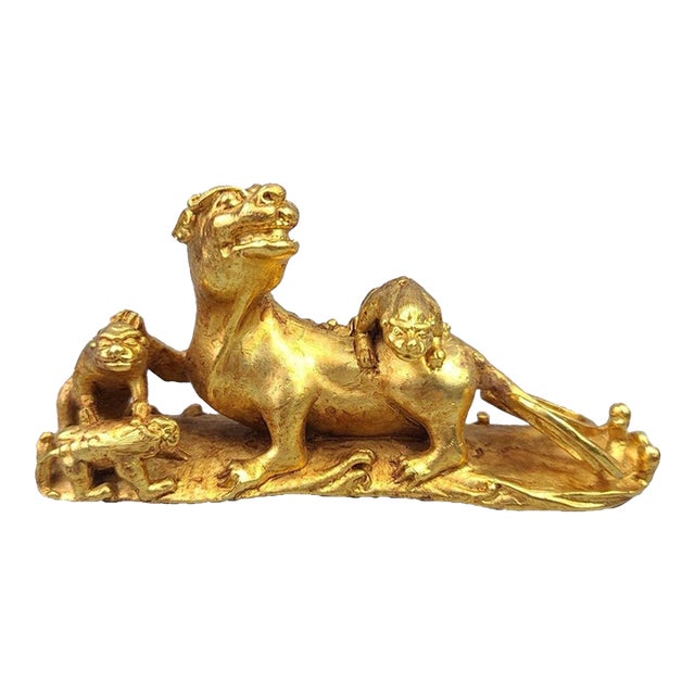 Gilt Bronze Guardian Lion Family Sculpture – 5.5" Foo Dog Group With Cubs For Sale