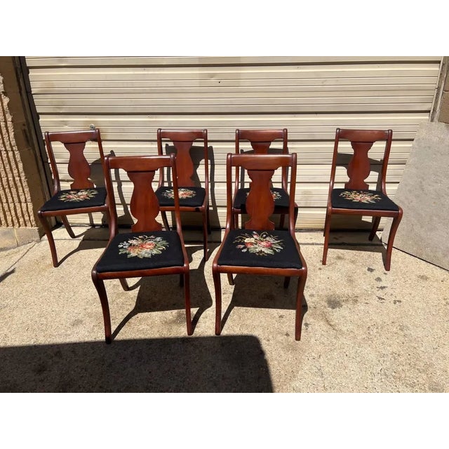 Early 20th Century Vintage Hickory Chair Classical Style Cherry and Needlepoint Dining Chairs
