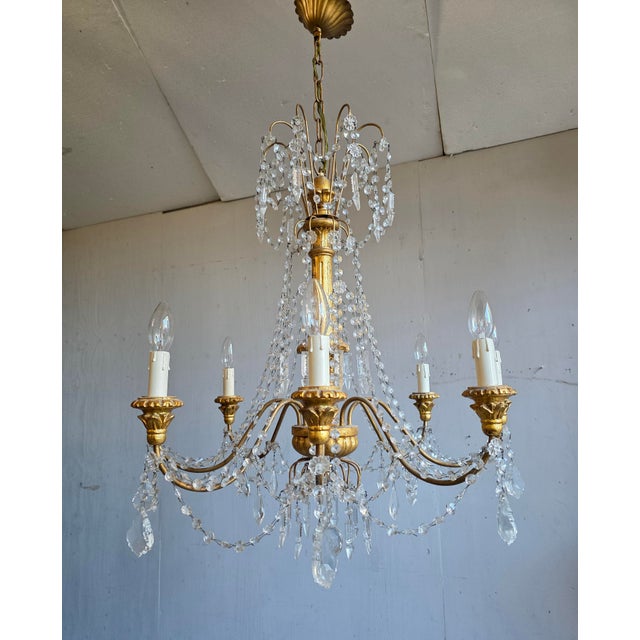 Metal Genoese Festival Chandelier in Gilded Wood and Crystals, 1950s For Sale - Image 7 of 9
