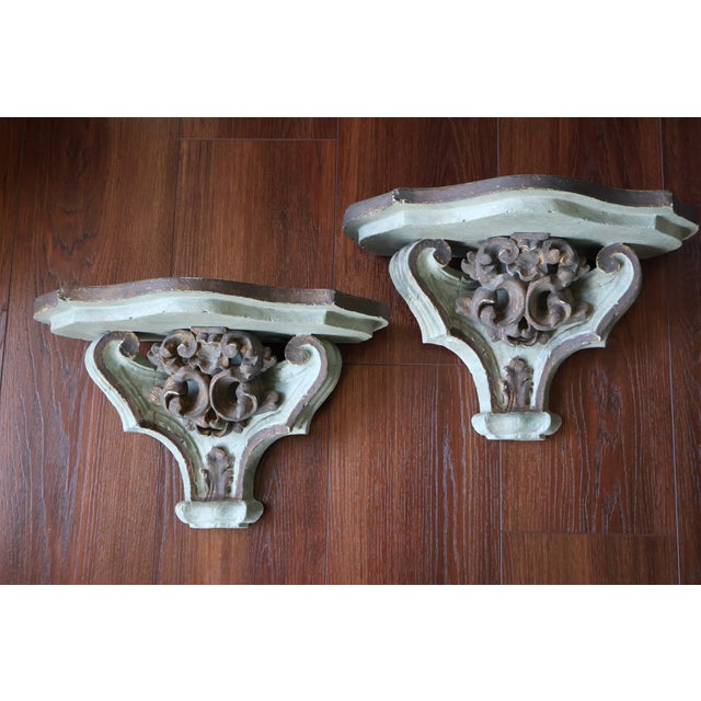 Large Vintage Italian-Style Gilded Celadon Rococo Wall Brackets—A Pair For Sale In Washington DC - Image 6 of 18