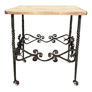 ﻿Antique Rustic Butcher Block Wrought Iron Dessert Table For Sale