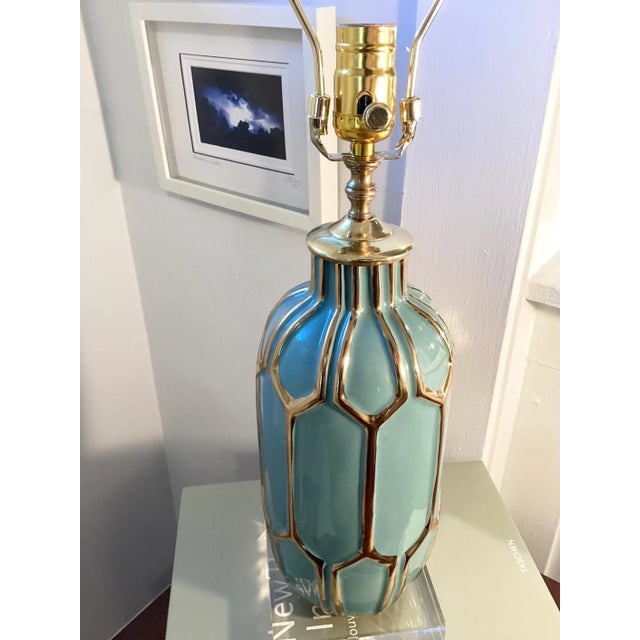 2020s Hollywood Regency Ceramic Lamp: Gold & Blue, Lucite Base, C. Damien Fox Design For Sale - Image 5 of 8