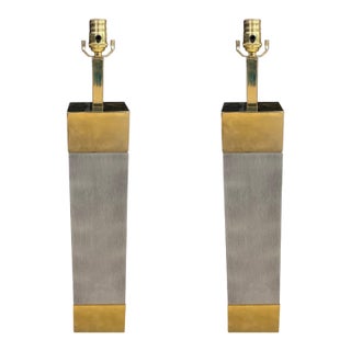 1980s Frederick Cooper Stainless Steel and Brass Lamps - a Pair For Sale