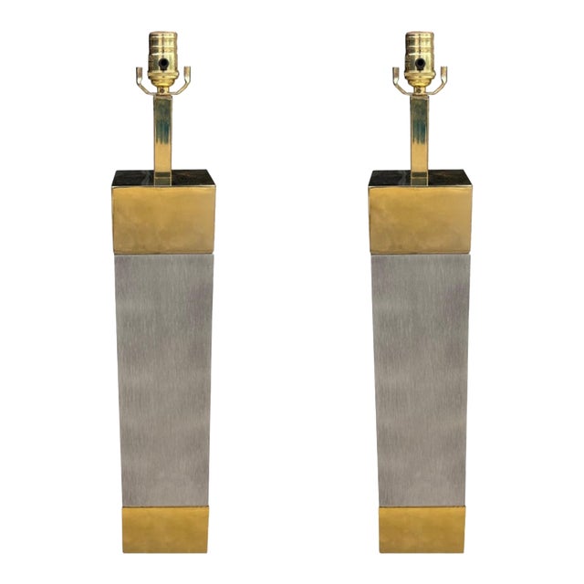 1980s Frederick Cooper Stainless Steel and Brass Lamps - a Pair For Sale