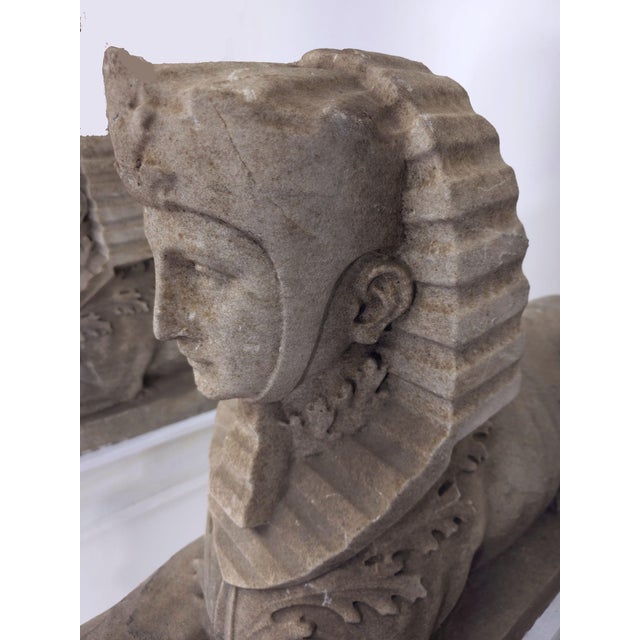 Stone Gray Large Pair Antique Sphinx of Weathered White Marble on Custom Wood Bases For Sale - Image 8 of 14