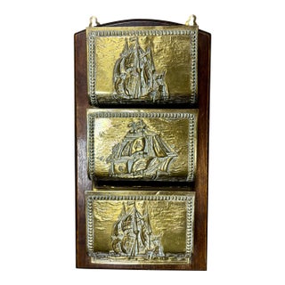 Vintage English Oak and Brass Wall Mounted Letter Rack For Sale