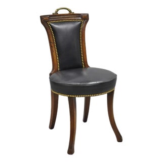 Vintage French Regency Style Carved Mahogany Black Leather Saber Leg Side Chair For Sale