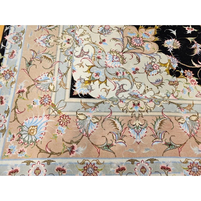 French Country Persian Tabriz Rug, Handwoven Floral Pattern With Silk Highlights, Black & Ivory, 7’ X 10’ For Sale - Image 3 of 12