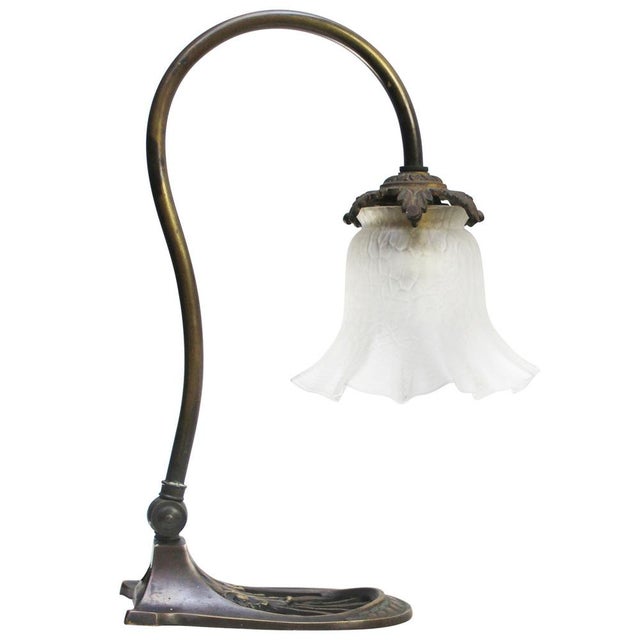 Art Nouveau French Brass & Frosted Glass Table Lamp For Sale - Image 9 of 9