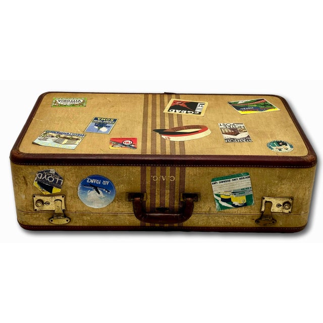 Traditional Vintage 1940s Travel Size Tweed Suitcase With Nice Assortment of World Grand Tour Locations Paper Labels For Sale - Image 3 of 18