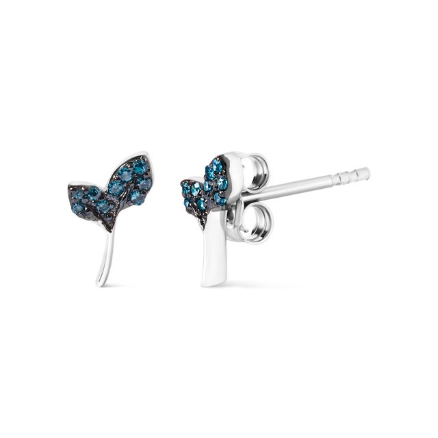 Contemporary Sterling Silver Blue Treated Diamond Accent Leaf Stud Earrings For Sale - Image 3 of 4