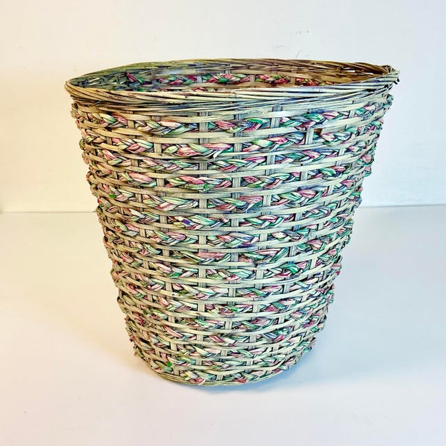 1970s 1970s Vintage Boho Chic Coastal Colorful Dyed Wicker Wastebasket. For Sale - Image 5 of 12