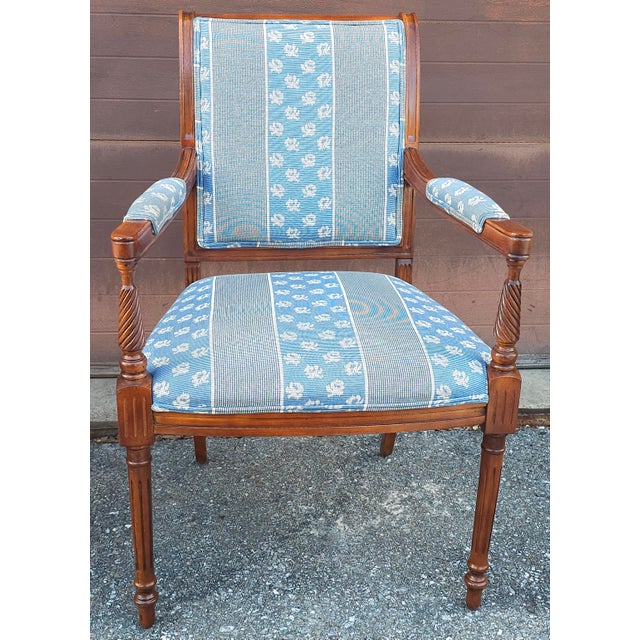 Late 20th Century Pair of French Directoire Style Carved Walnut and Upholstered Armchairs For Sale - Image 10 of 10