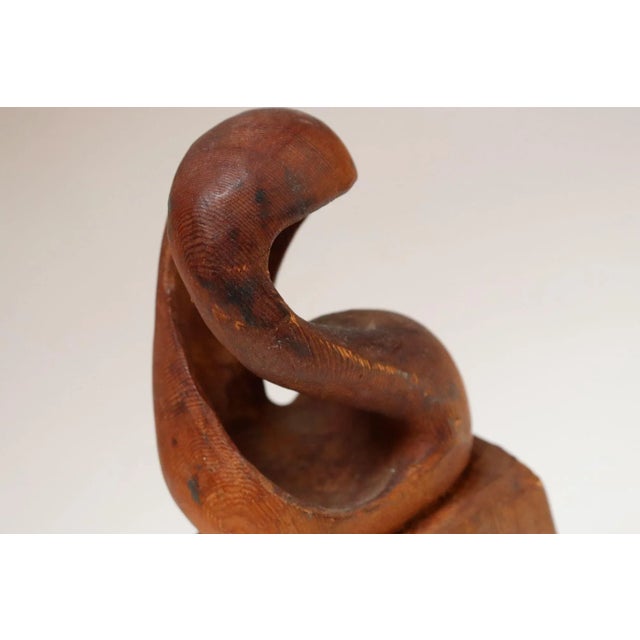 Brown Small Vintage Handcarved Modernist Organic Form Wooden Sculpture on Base Signed For Sale - Image 8 of 17