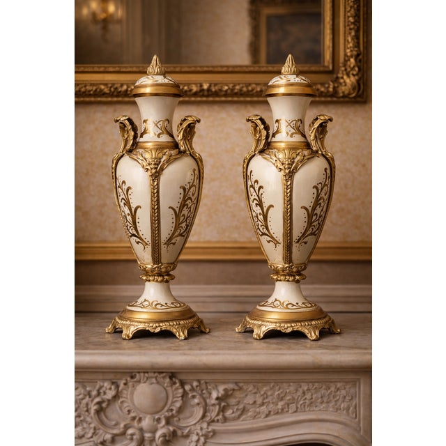 1970s French Style Cream Gilt Porcelain Garniture Set of 3 For Sale - Image 16 of 18