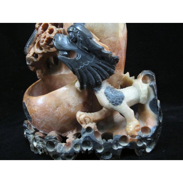 Chinese Chinese Carved Soapstone Foo Dog Sculpture Double Brush Pot Inkwell Vase For Sale - Image 3 of 10