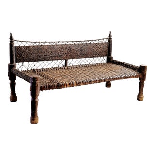 Antique Carved Daybed With Woven Leather Seat For Sale