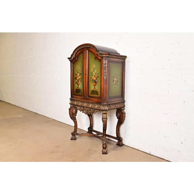Chinoiserie Berkey & Gay Style Antique English Jacobean Carved Walnut Hand Painted Bookcase or Bar Cabinet, Circa 1920s For Sale - Image 3 of 14