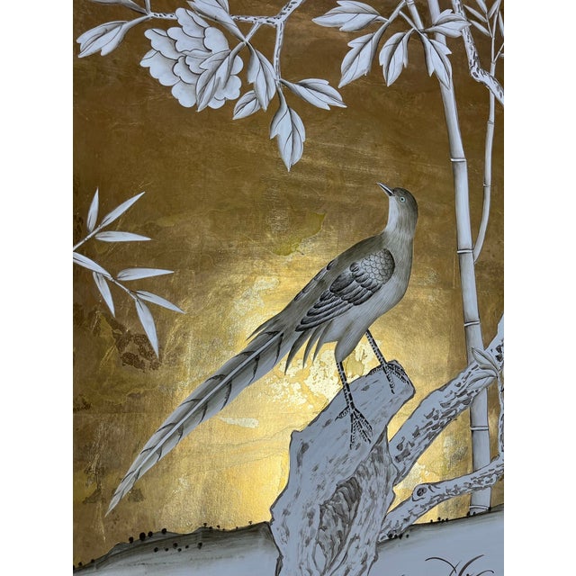 Chinoiserie 2-Piece Gold Chinoiserie Bird Mural for Bedroom or Entryway For Sale - Image 3 of 5
