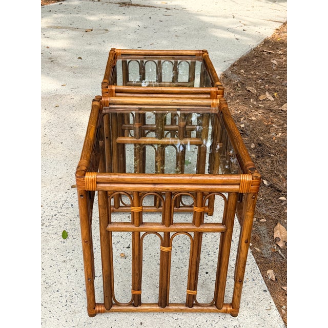 Boho Chic Rattan Bamboo Side Tables Pair For Sale - Image 3 of 12