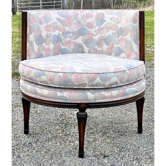 Great mid century barrel back rub chair. Stylized back with carved splats with scrolled iron detail. The pastel fabric...