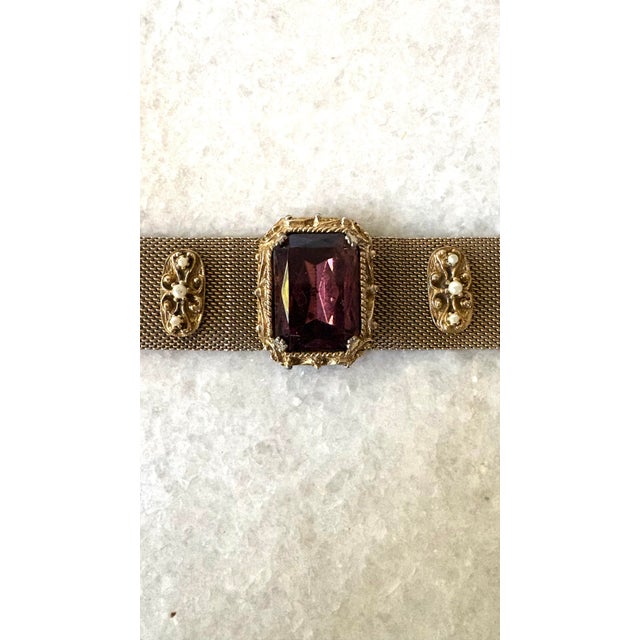 Victorian Gold-Tone Woven Mesh Bracelet With Rectangular Glass Setting Deep Purple For Sale - Image 3 of 7
