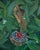 This oil on copper painting features a delicate interplay of lush green foliage surrounding a woman's ear adorned with an...