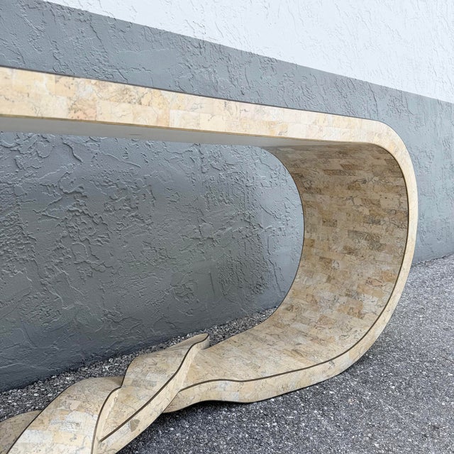 Beige Postmodern Tessellated Stone Maitland Smith Waterfall Ribbon Console Table For Sale - Image 8 of 10