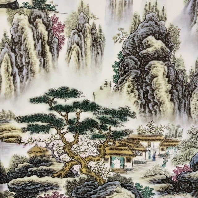 Large Vintage Hardwood Table Screen, Painted Porcelain Jiangnan Scene For Sale In Los Angeles - Image 6 of 10