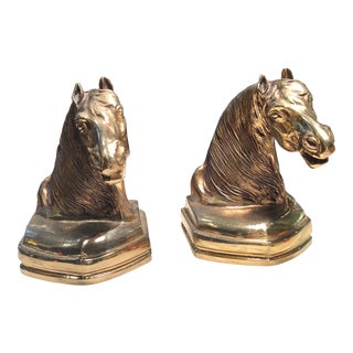 Vintage Chunky Solid Brass Horse Head Bookends For Sale