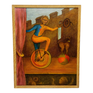 Lyrical Surrealist Reverie Oil Painting Circus Cyclist in the Manner of Paul Delvau Circa 1966