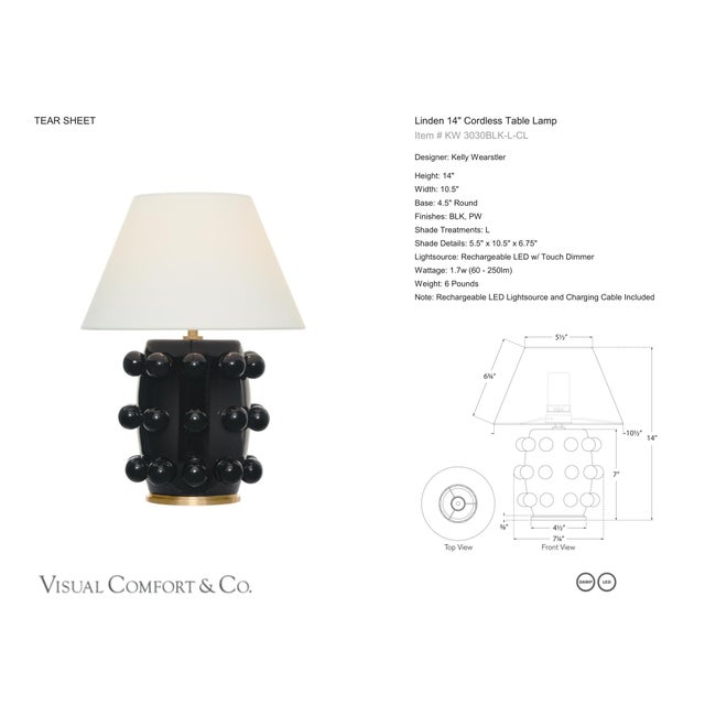 Kelly Wearstler by Visual Comfort Signature Linden 14" Cordless Table Lamp in Black with Linen Shade Designer: Kelly...