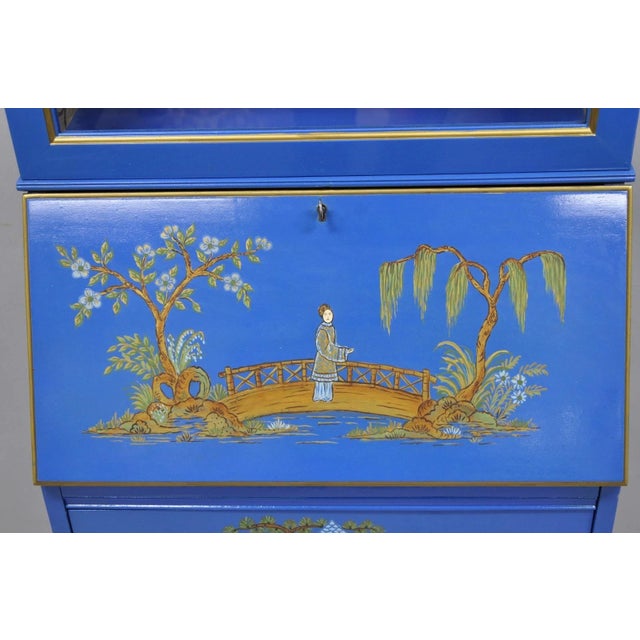 Mid 20th Century Vintage Chinoiserie Blue Hand Painted Gold Gilt Narrow Bookcase Secretary Desk For Sale - Image 5 of 18