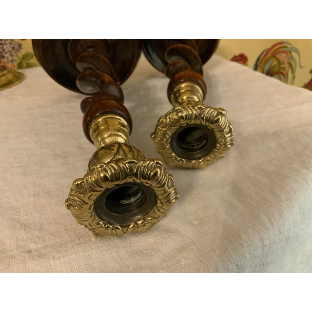 English Victorian Oak & Brass Open Barley Twist Candlesticks Pair For Sale - Image 9 of 12
