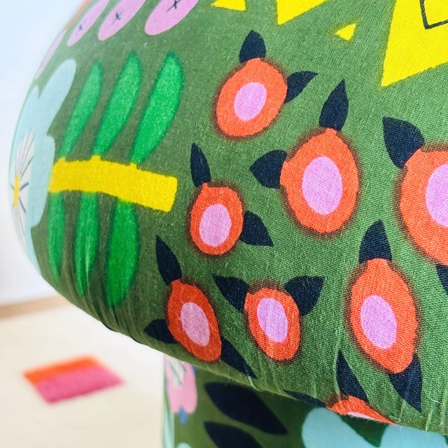 Wood Mushroom Ottoman in Green Garden Hand Block Printed Fabric For Sale - Image 7 of 11