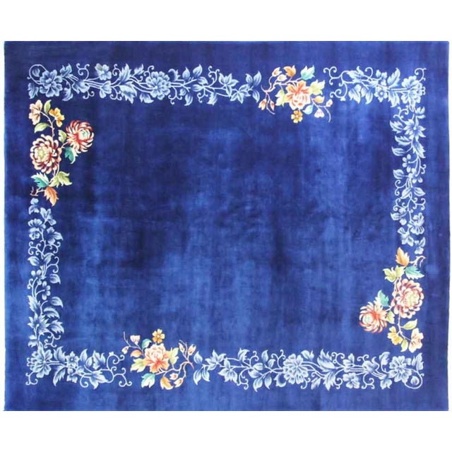 Antique handmade Art Deco Chinese carpet, perfect natural dyed Blue background color. c-1940, traditionally floral Design...