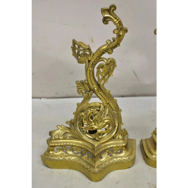 Mid 20th Century Vintage French Baroque Style Brass Figural Andirons With Dragon Griffins - Pair For Sale - Image 5 of 12