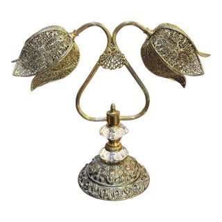 1960s-70s Brass Filigree/Glass Double Tulip Lamp For Sale