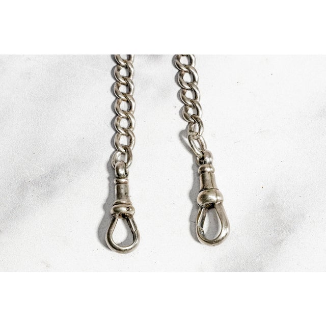Handsome Antique Sterling Silver Double Albert Pocket Watch Chain and Enamel Vesta Case Edwardian Tobacciana Design Men's Accessory For Sale - Image 17 of 17