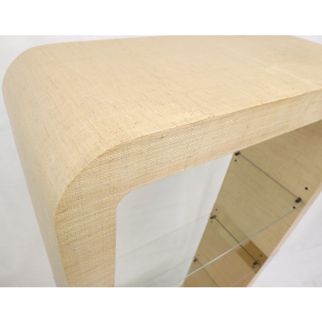 Raffia Cloth Finished Rounded Angles Étagère Display Unit Glass Shelves For Sale - Image 12 of 12