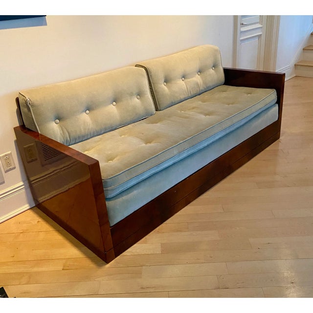Art Deco 1940s Art Deco Upholstered Mahogany Sofa Day Bed with Celadon Velvet Fabric For Sale - Image 3 of 10