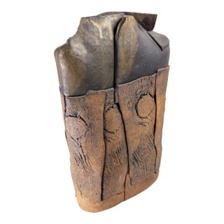 Mid-Century Modern Rustic Faux Bois Style Pottery Vase, Signed For Sale