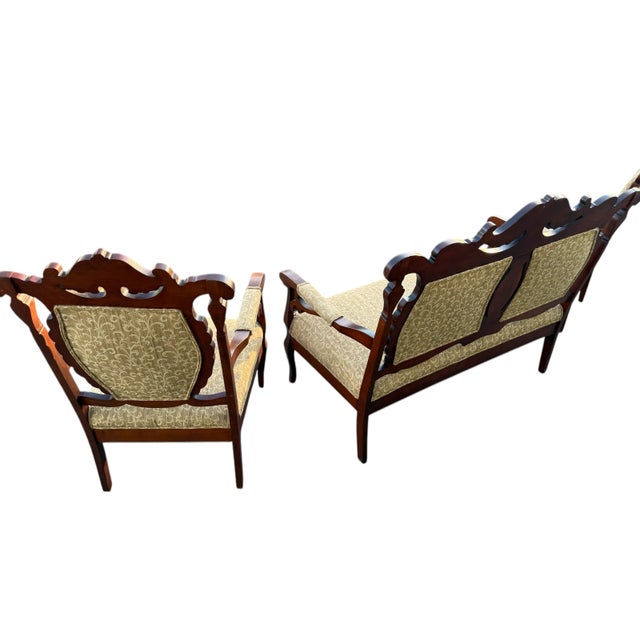 Late 19th Century Victorian Parlor Furniture - Loveseat and 2 Chairs - Set of 3 For Sale - Image 4 of 12