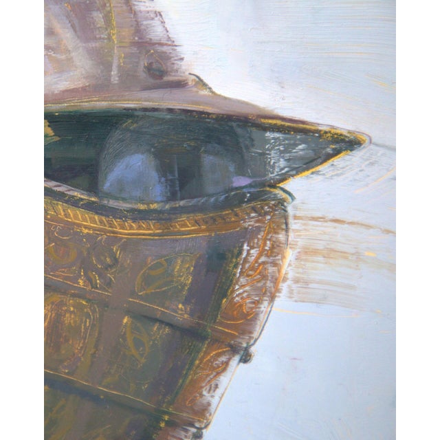 Short-Sighted by Elena Burykina | Oil on panel Portrait of a figure in a helmet and armor. For Sale - Image 4 of 4